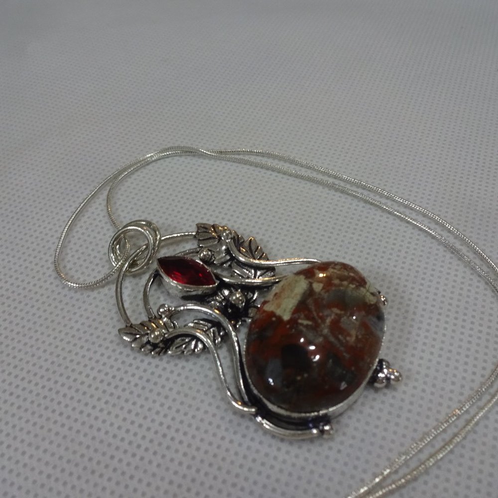 Natural "BRECCIATED JASPER & RUBY" Handmade Sterling Pendant/Chain #538A
